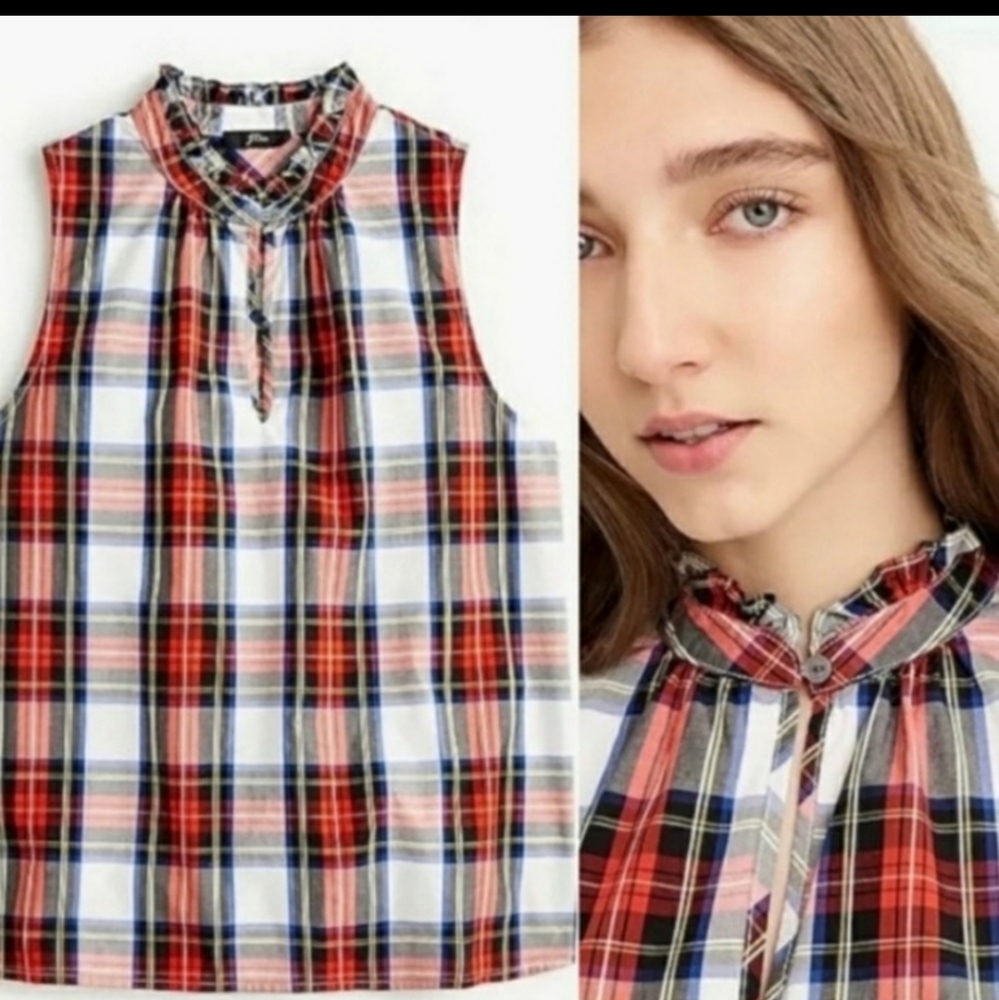 EUC - J.Crew holiday plaid sleeveless ruffle neck blouse